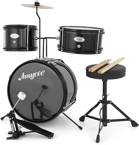GarveeLife 3-Piece Kids Drum Set with Cymbal, Tom, Bass Drum, Drumsticks, Bass Pedal and Drum Stool - Black