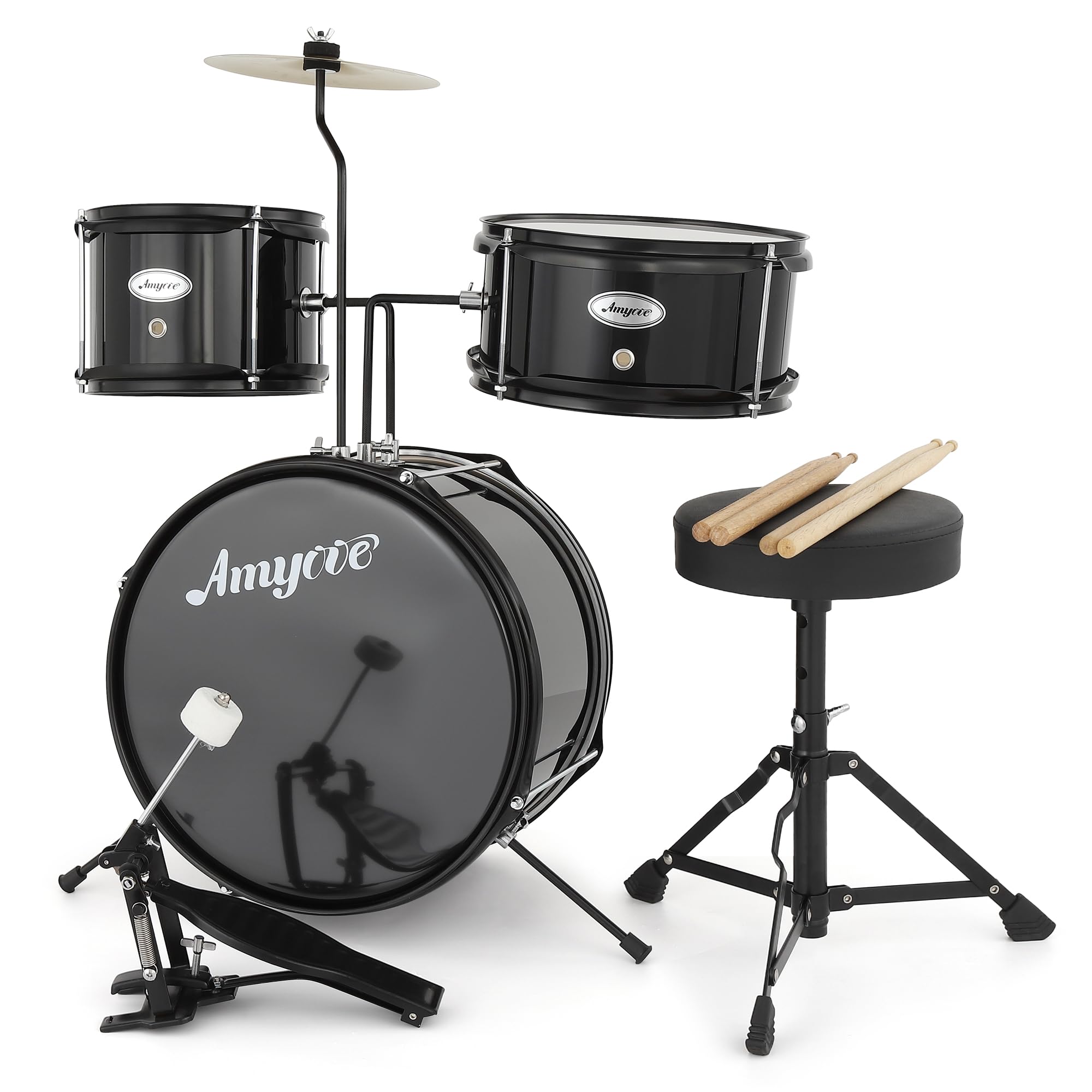 Senfot Drum Set, 1 Wood/Metal AD-100 Three Drums Set, Beginner Set Includes Bass, 2 Toms, Cymbal, Sticks, Bass Pedal and Stool, Percussion Musical Instrument Birthday Playsetl (Dark Black, 3-Piece)