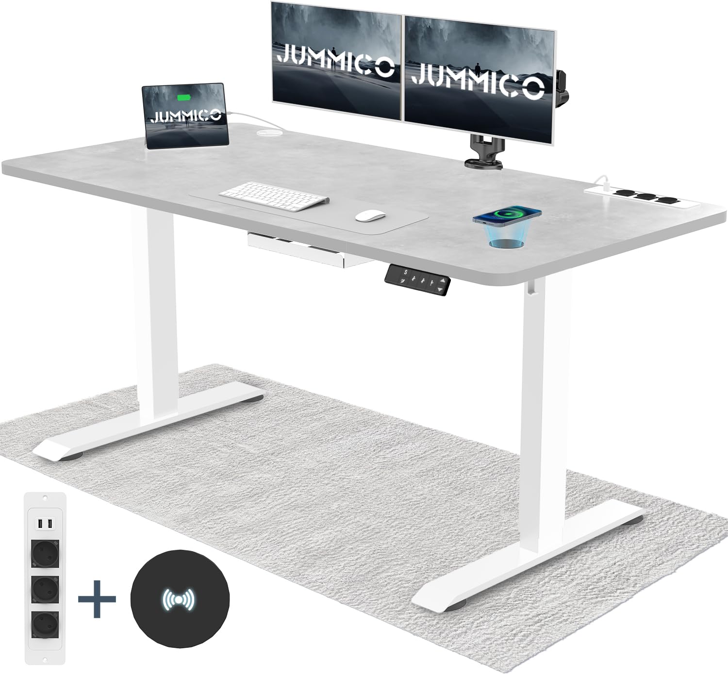JUMMICO Höhenverstellbarer Schreibtisch mit Kabelloser Ladestation und Euro-Steckdose mit USB, Schreibtisch Höhenverstellbar Elektrisch Stehtisch, Standing Desk (Grau 140x70cm)