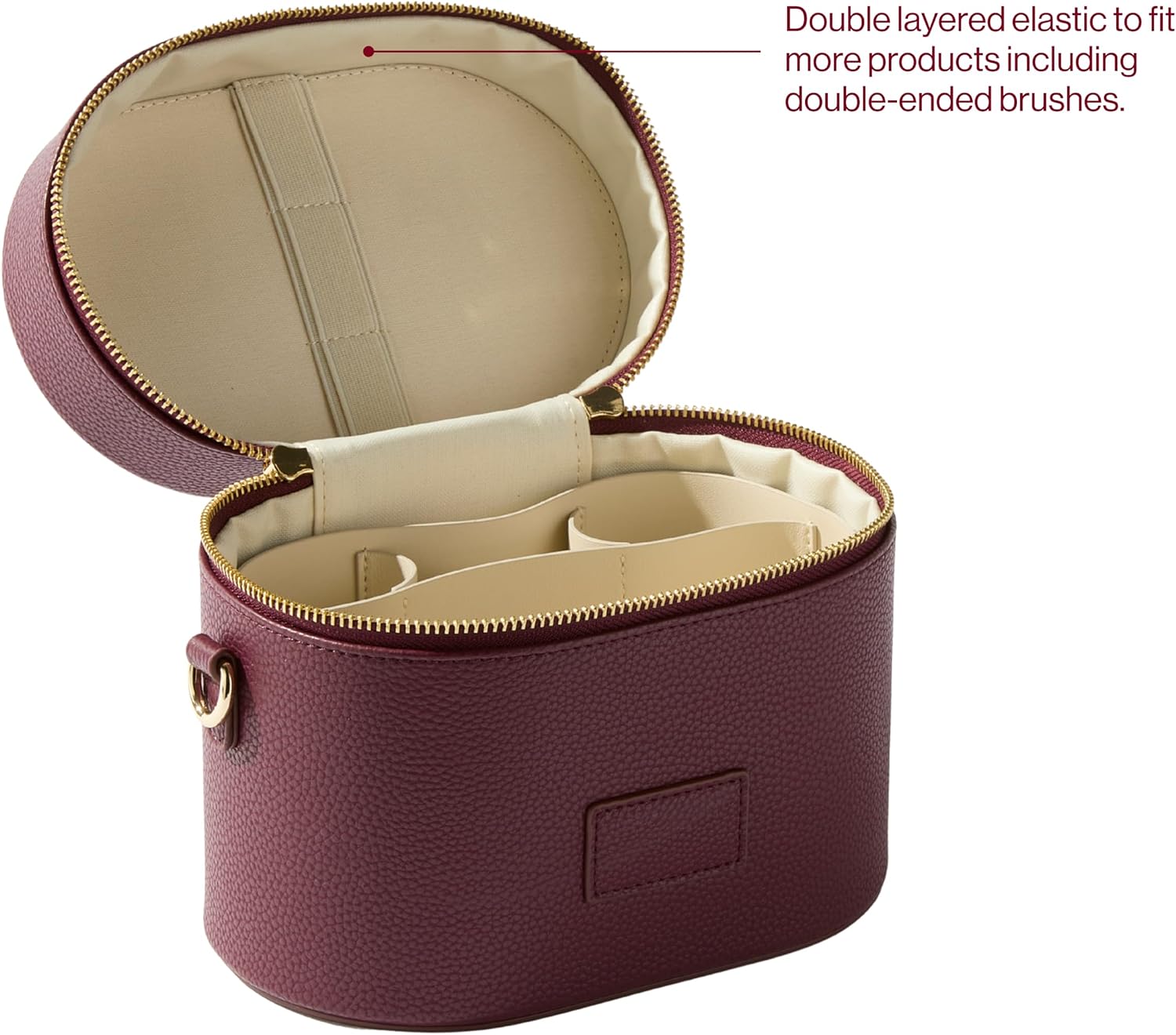 ETOILE - Oval Toiletry Case Burgundy - Travel Makeup Bag Organizer with Shoulder Strap and Removable Divider