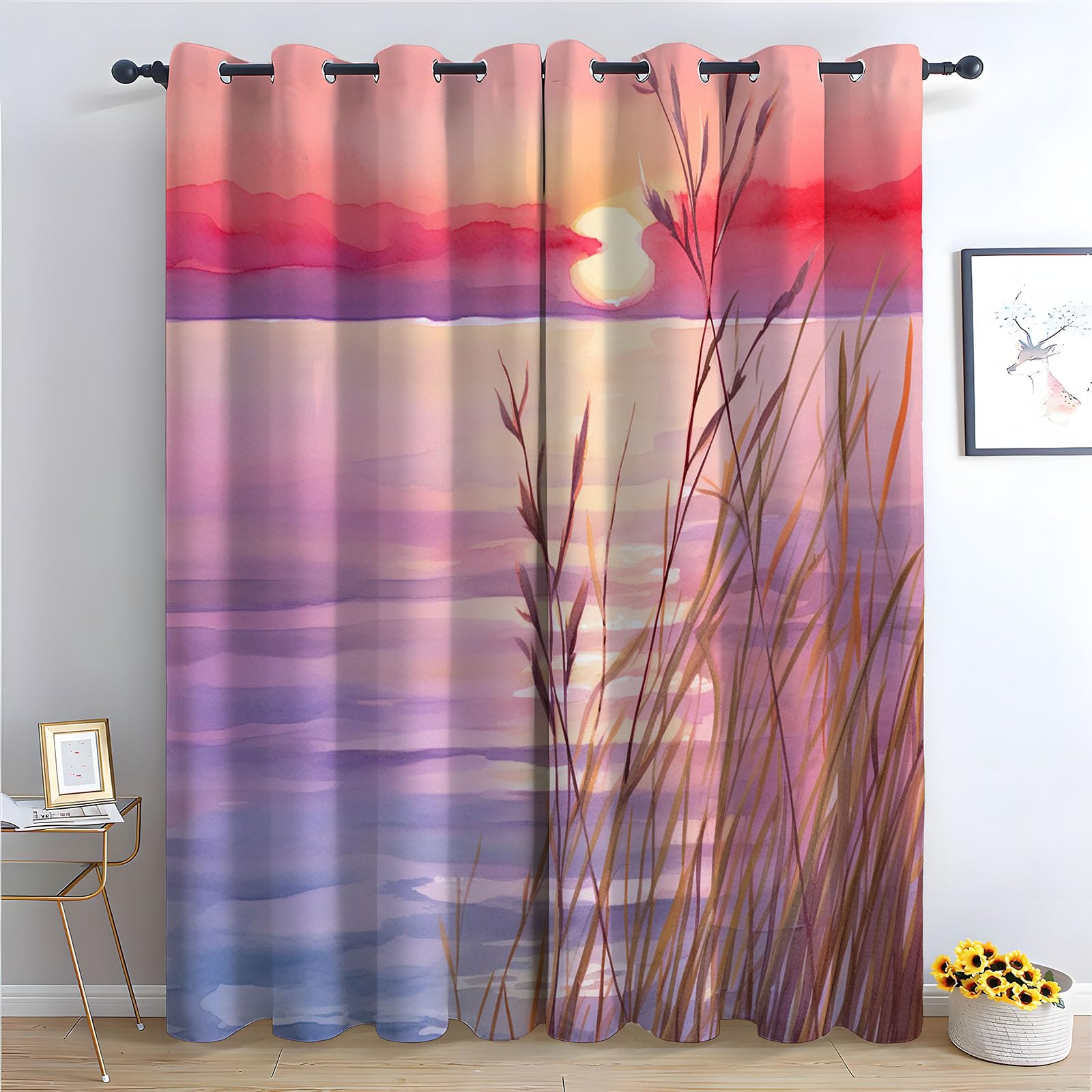 WIKEO Floral Curtains for Living Room Natural Plants Sunset Scenery Botanical Blackout Curtain,Thermal Insulated Long Farmhouse Print Decorative Grommet Drapes, 2 Panels-52 W x 96" L (Pack of 2)