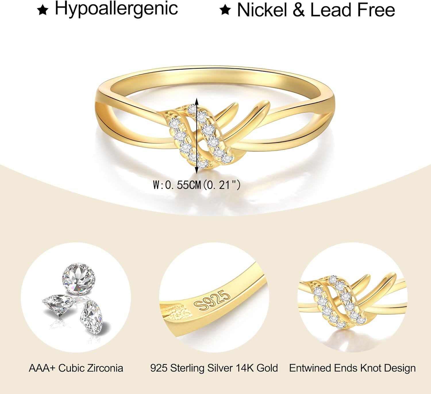 EVER FAITH Dainty 14K Gold Entwined Ends Knot Rings for Mothers Day/Valentines/Christmas, S925 CZ Friendship Mother Daughter Love Knots Bond Ring Wedding Promise Jewelry for Women - Image 5