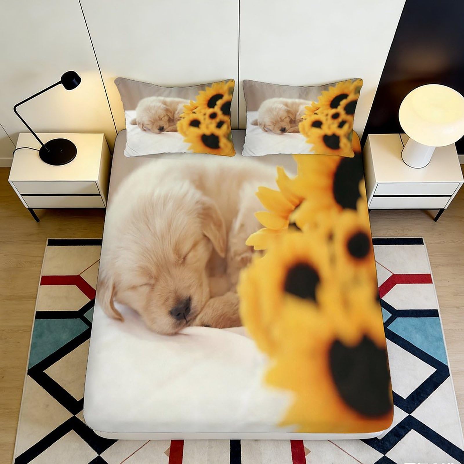 3D Printed Sleeping Puppy Fitted Sheet Microfiber Soft Breathable Sunflower Bed Cover for Bedroom Dormitory Guest Room Mattress Protection Decor 120x200x25cm