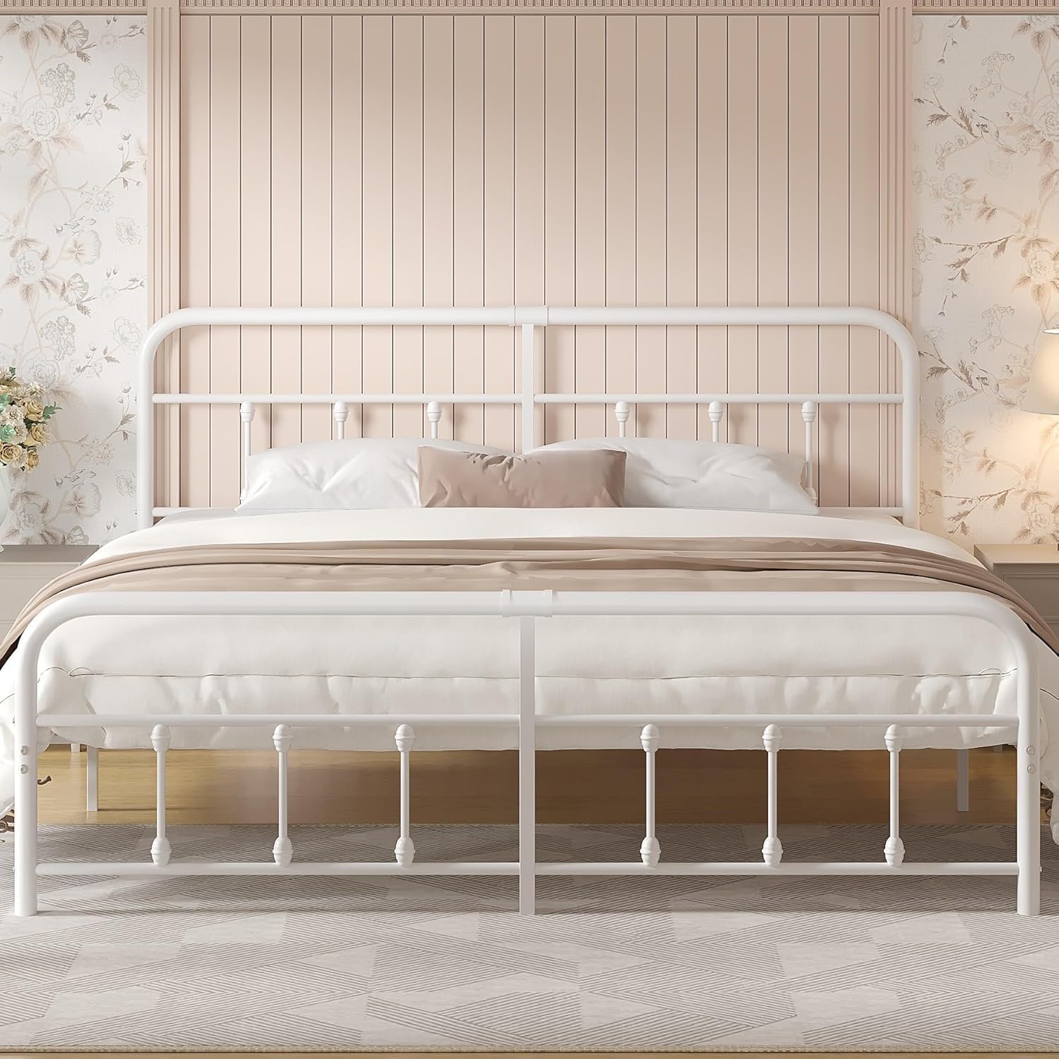 VECELO White Victorian Style Metal Bed Frame with Headboard Mattress Foundation No Box Spring Needed Under Bed Storage