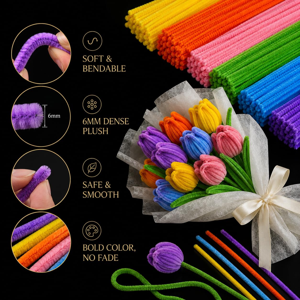 Pipe Cleaners Flowers Kit, DIY Tulip Bouquet Craft Kit with 350 Chenille Stems, 6 Colors Pipe Cleaners for Crafts, Flower Stems, Green Tape & Instructions, Mother’s Day Handmade Gift