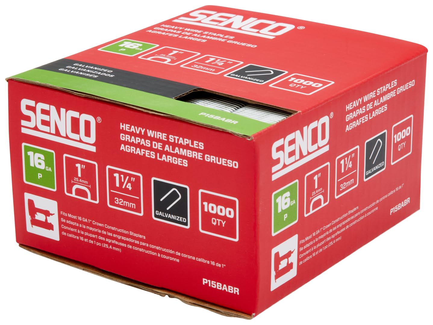 SENCO Collated Heavy Wire Staples, Galvanized, 16 GA (P15BABR) 1,000 bx