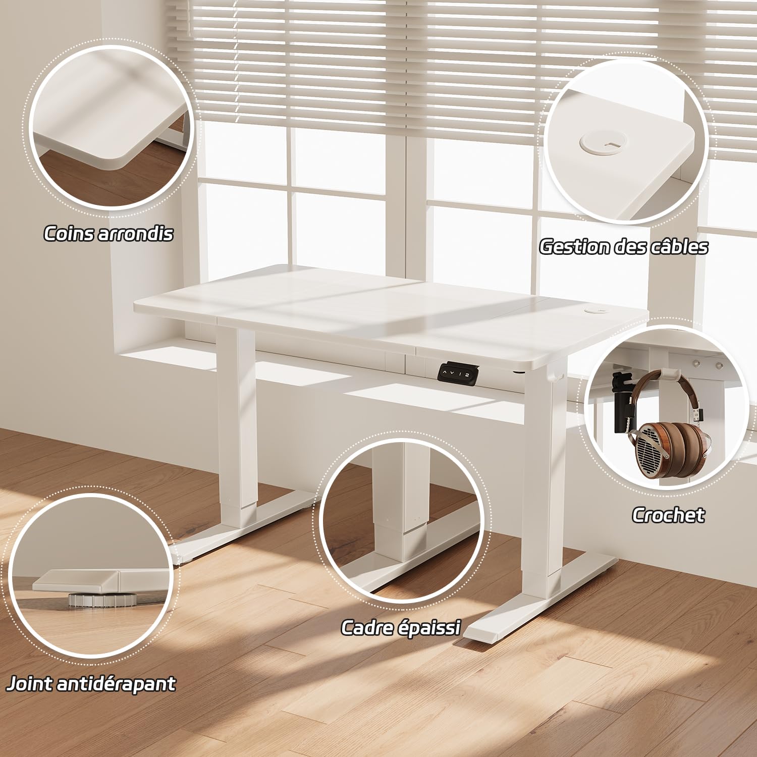 JUMMICO Réglable en Hauteur Bureau Assis Debout Électrique Blanc | 120 x 60 cm, avec Fonction Mémoire avec Crochet, Bruit <50dB, 60 KG, pour Bureau à Domicile