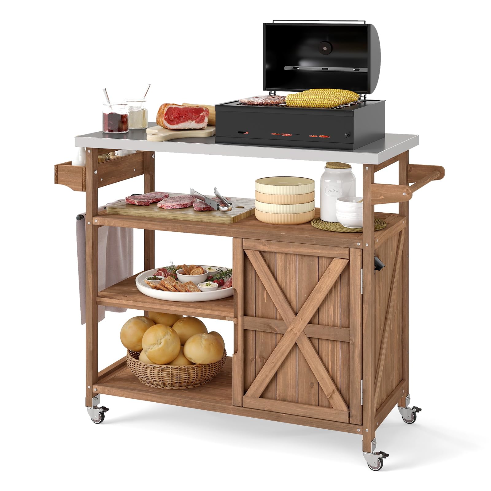 KOMFOTTEU Carro de Barbacoa de Madera Maciza, Carrito Auxiliar con Encimera de Acero Inoxidable, 4 Ruedas, 3 Estantes Abiertos, Armario con Puerta, Carro para BBQ con Especiero, 118 x 47 x 92 cm