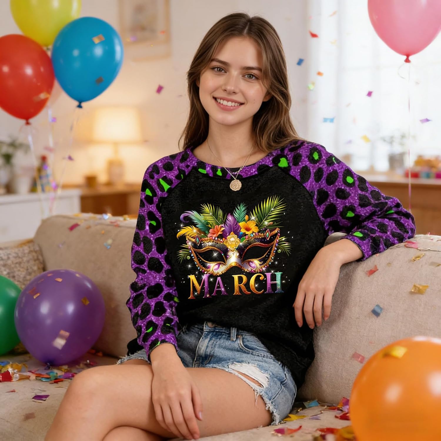 Mardi Gras Sweatshirt for Women Splicing Leopard Long Sleeve Pullover Top | Mardi Gras Shirts 3D Printed Crewneck Loose Fit Comfortable Soft Breathable Material Tops for Carnival Party Holidays