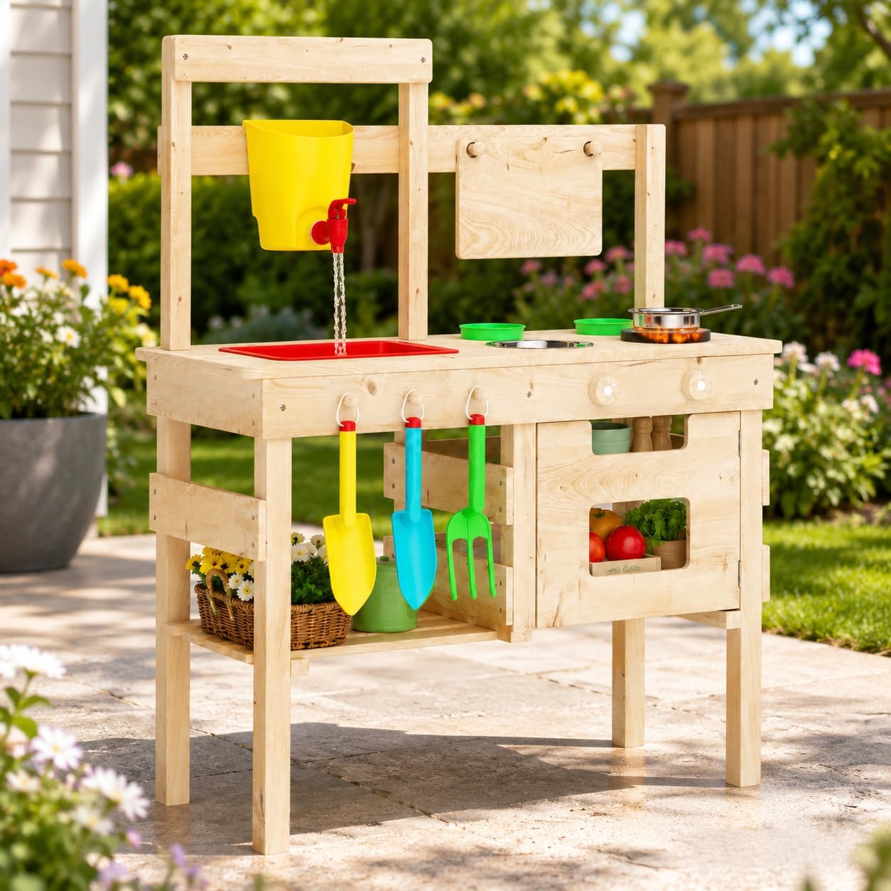 Wooden Outdoor Mud Kitchen for Kids, Waterproof Solid Wood Play Kitchen with Removable Faucet, Sink,