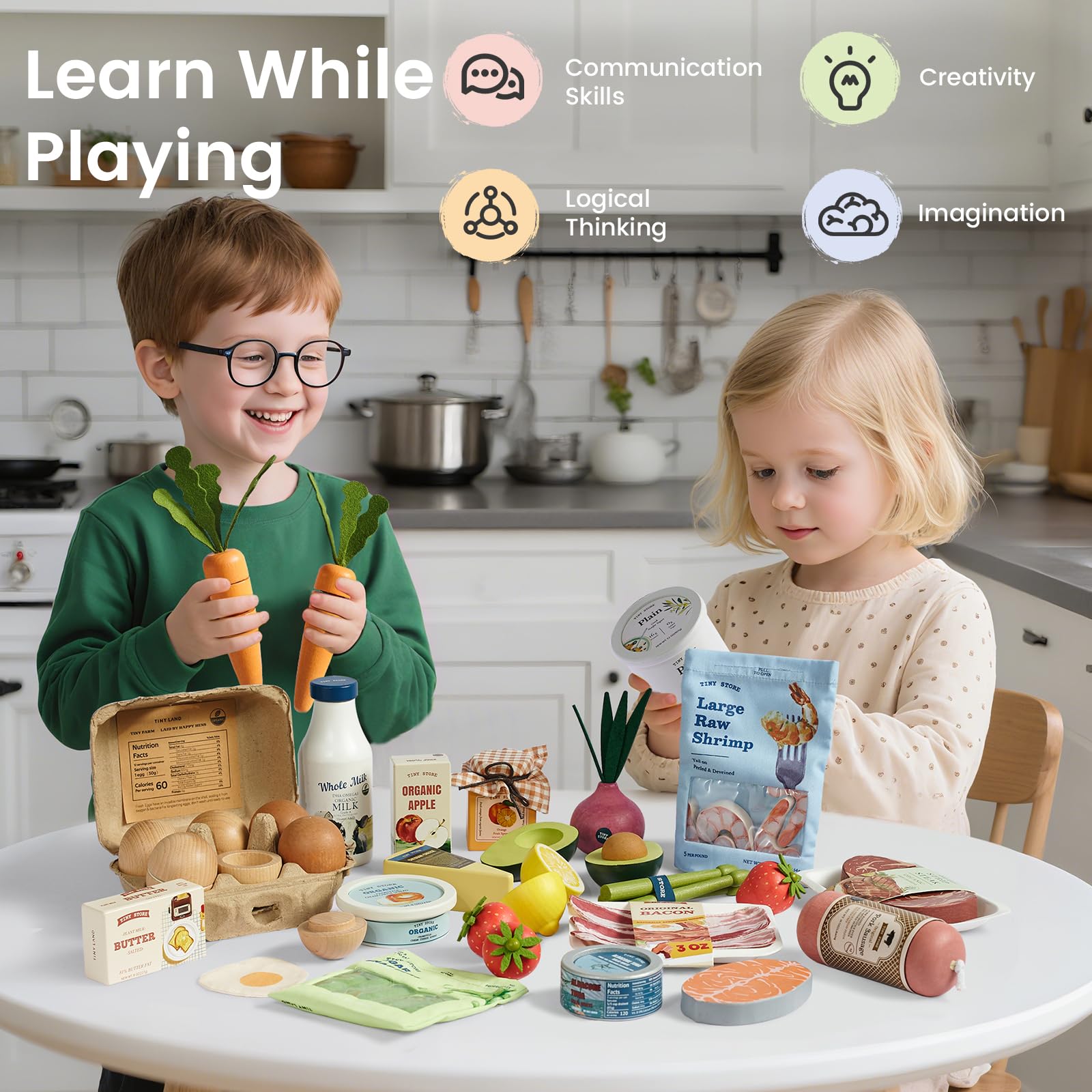 Tiny Land Wooden Play Food Set Bundle Includes 50 PCS of Fruits Veggies Meats Seafood Eggs & Dairy product thumbnail 3