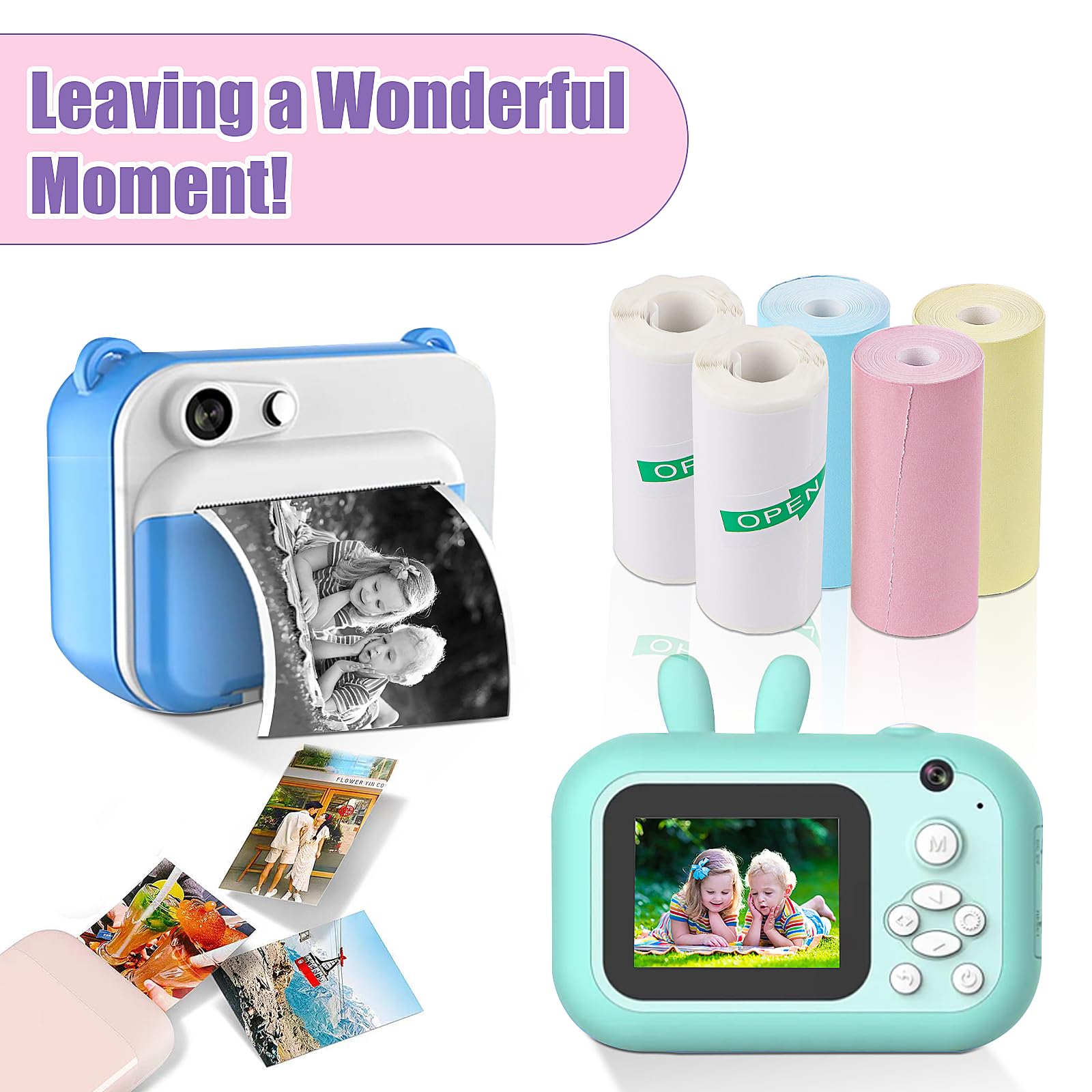 Lot de 20 rouleaux d'autocollants pour mini imprimante, papier thermique blanc et multicolore pour appareil photo enfant