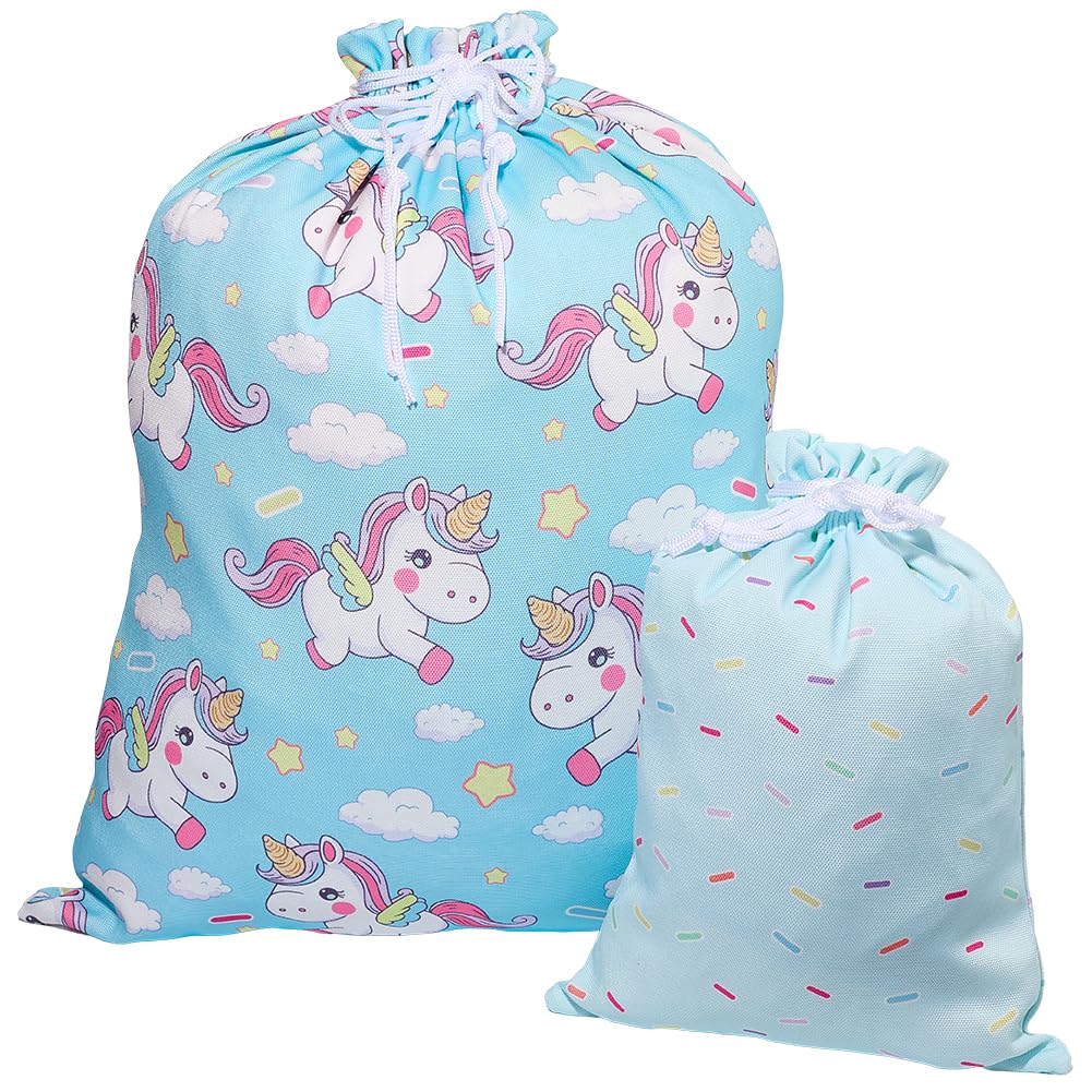 CREATCABIN 2Pcs Gift Wrap Bags Unicorns Drawstring Present Bag 20" Large 12" Small Blue Reusable Fabric Wrap Gifts Sack Pouches for Birthday Anniversary Party Favors Samples Retail Snack Supplies