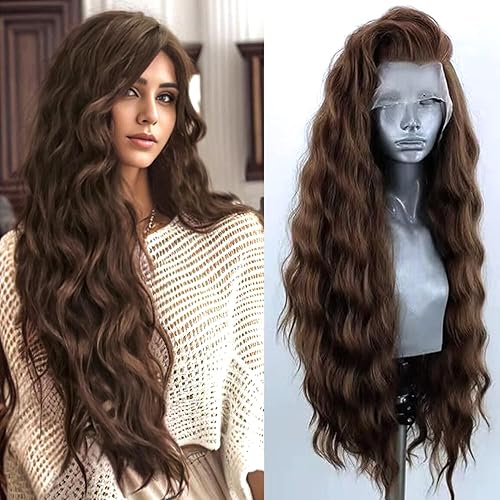 PORSMEER Dunkelbraun Lace Front Perücke Lang Lockige Gewellte Perücke für Damen 13x4 Lace Front Glueless Wig natürlichem Haaransatz Hitzebeständiges Kunsthaar - dunkelbraun