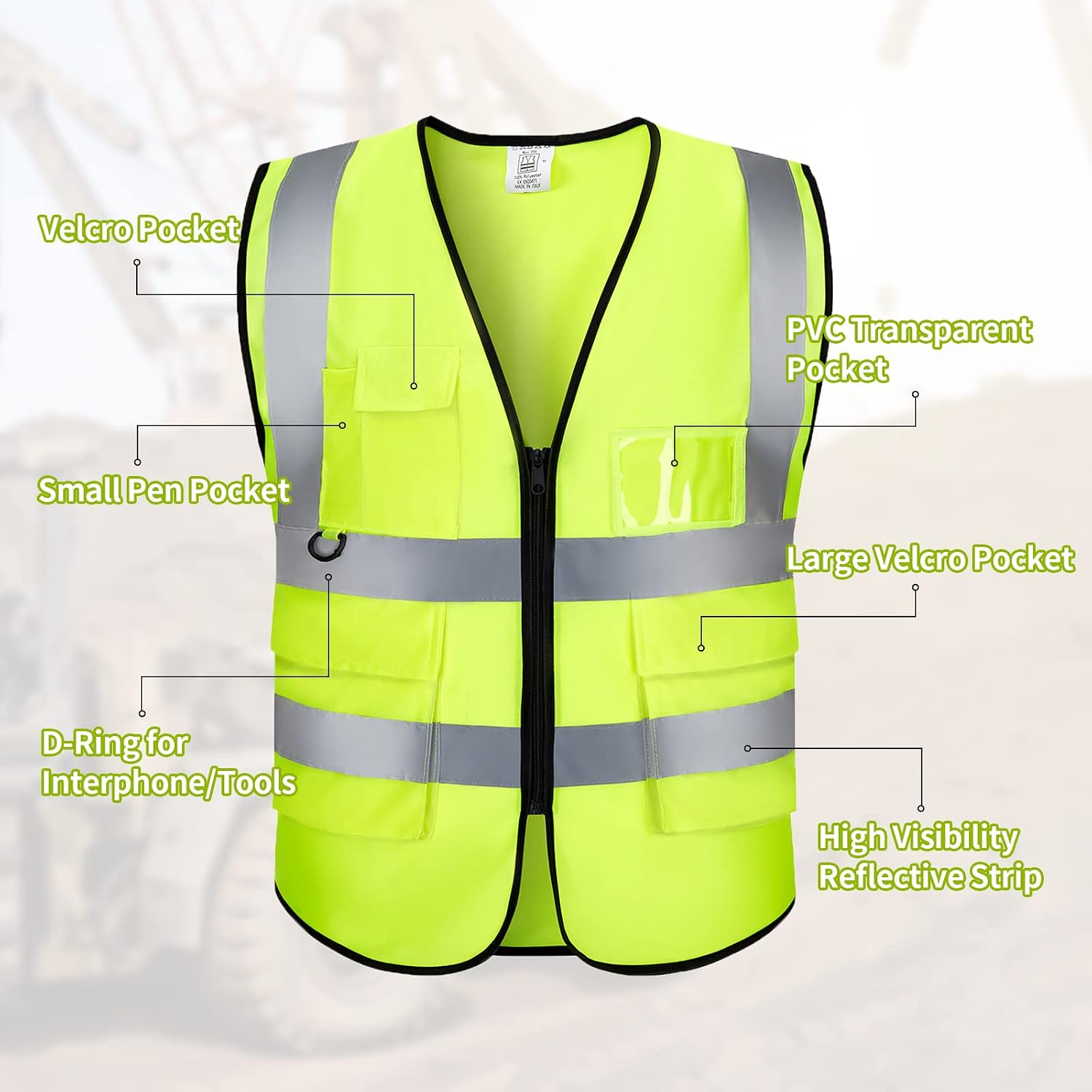 Reflective Vest Safety Vest Class 2 ANSI Standard with Pockets Zipper High Visibility Construction Uniform