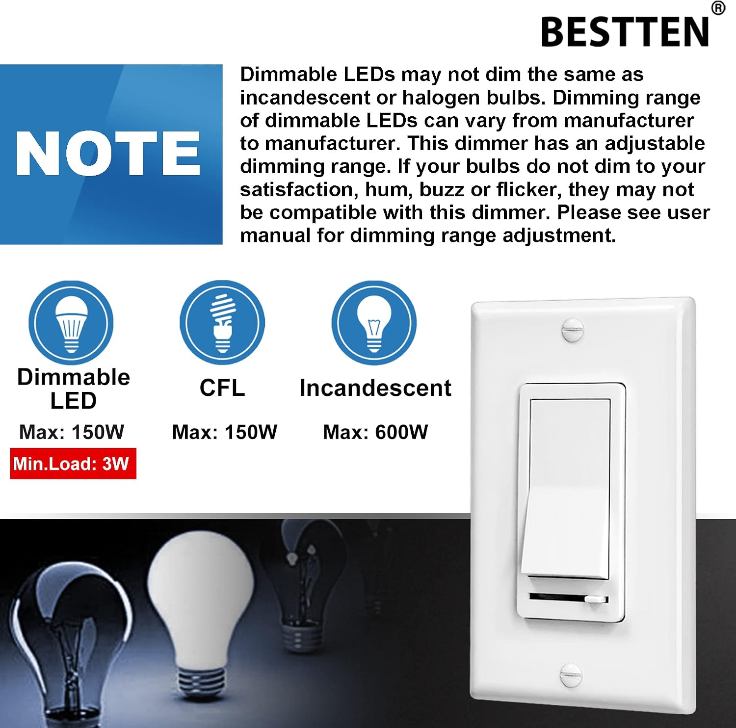 [10 Pack] BESTTEN Dimmer Light Switch, Single-Pole or 3-Way Dimmer Switches, 120V, Compatible with Dimmable LED, CFL, Incandescent and Halogen Bulbs, Decorator Wallplate Included, UL Listed, White