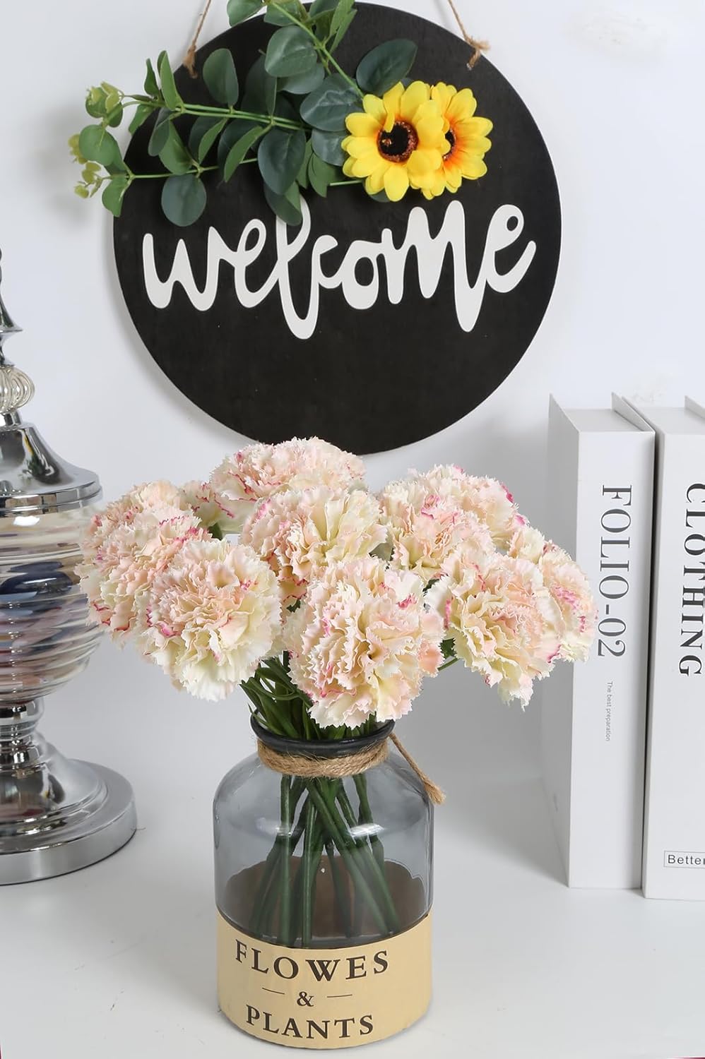 Artificial Carnations Pink Silk Flowers 15pcs Fake Carnation Artifcial Flowers with Stems for Home Decor Wedding Bridal Bouquet Anniversary Birthday Floral Arrangements (Pink in White - Image 4