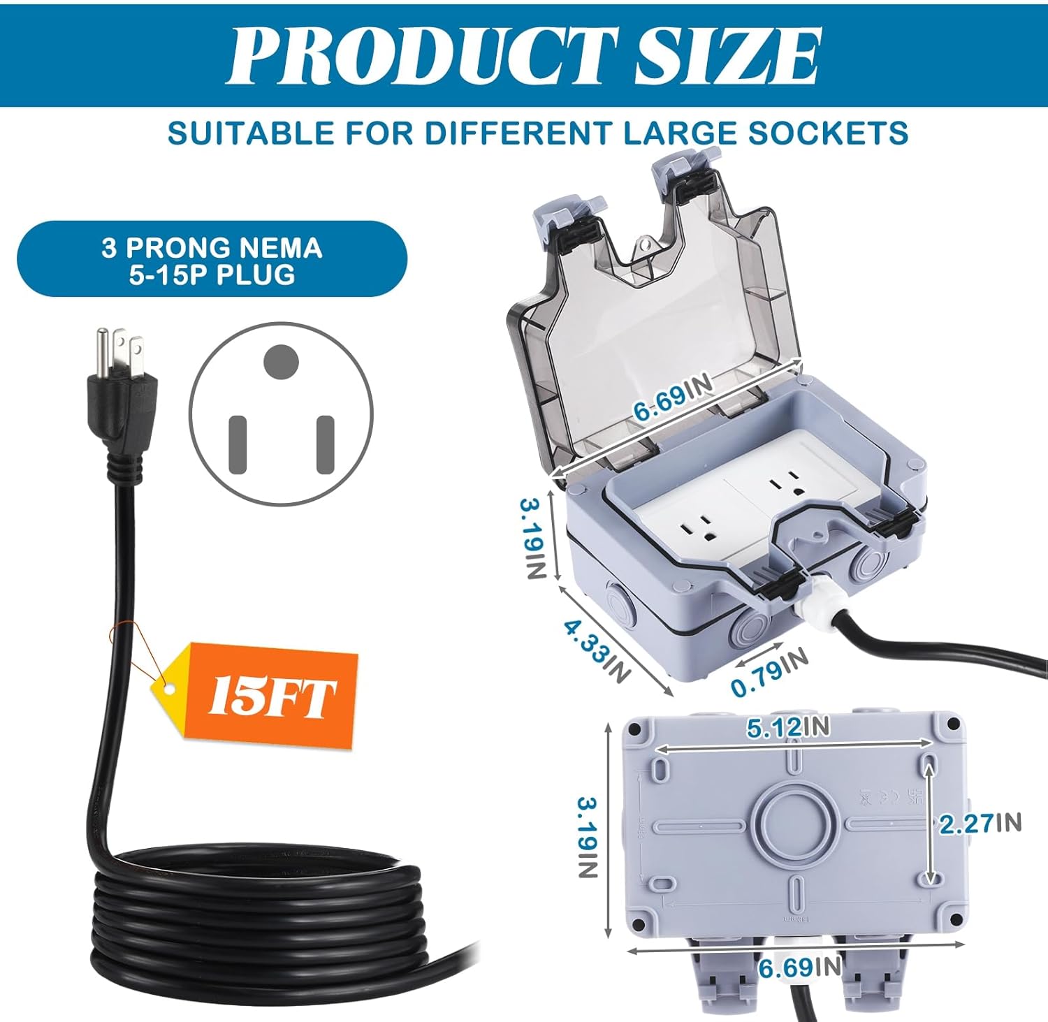 Kanayu Outdoor Outlet Box with 15ft Extension Cord, Dual 15 AMP 5-15 Receptacles Weatherproof Waterproof IP66 Outdoor Exterior Socket with Cover, 14 AWG/3C SJTW Cord
