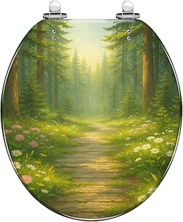 Round Toilet Seat Forest Tree Wood Green Pine Trees Wildflowers Woodland Mist Sunlight Resin Toilet Seat Quietly Close Quick Release Hinges with Cover Bumpers Decorative Easy to Install Clean