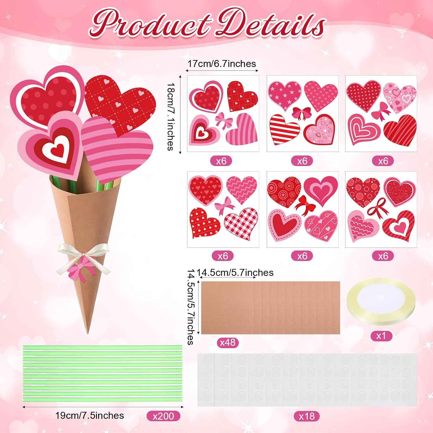 Funrous 48 Set Valentine's Day Heart Shaped Flower Bouquet Crafts Making Kit DIY Paper Flowers for Crafts Make Your Own Bouquet for Valentine's Day Party Activity Gift Handmade Project