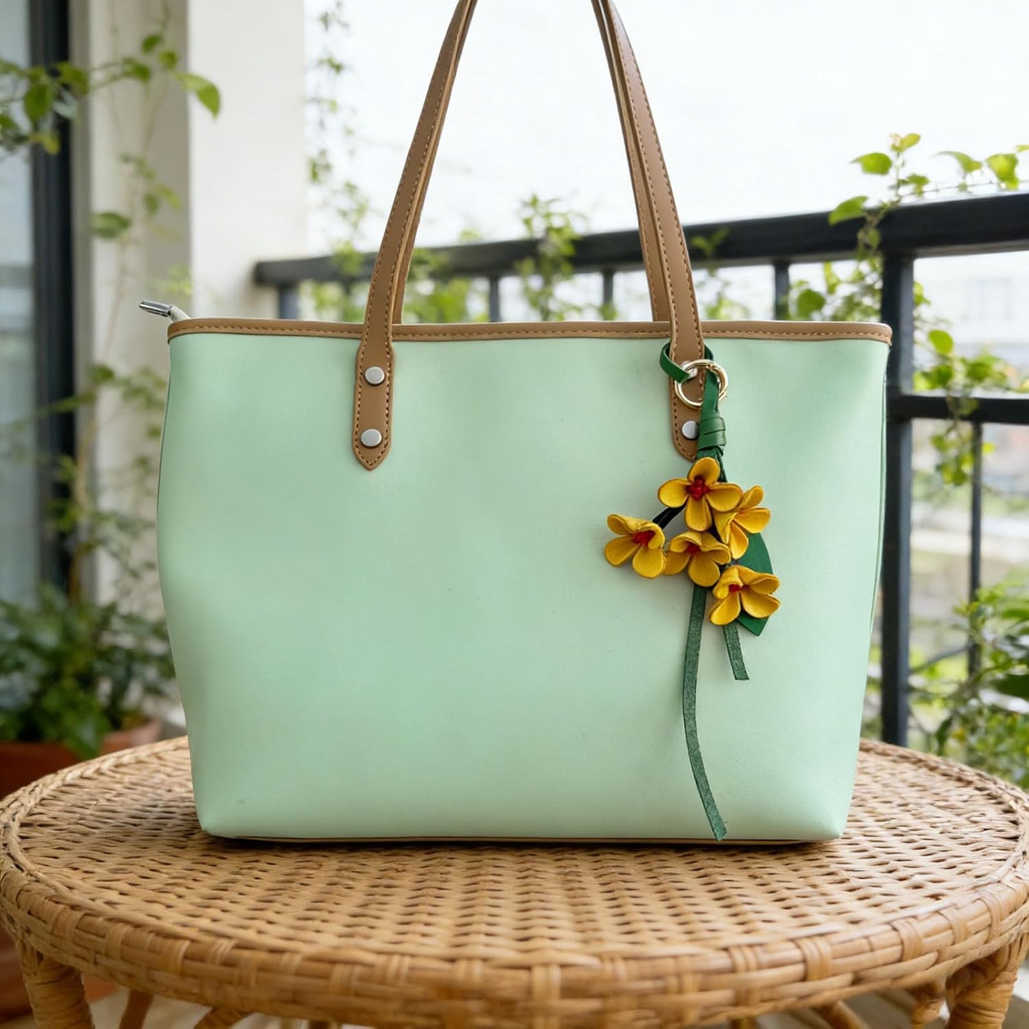 LRTJ Boho Genuine Leather Flower Keychain,Cute Bag Charms for Handbag,Purse Charms for Tote Bag for Women