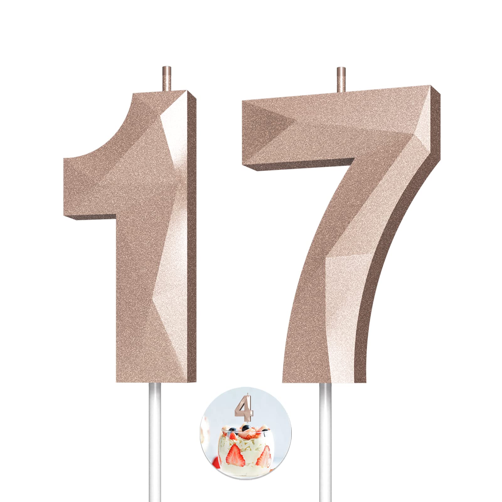 KENJOVIVO Number Birthday Candles(17 Candle Rose Gold) 3D