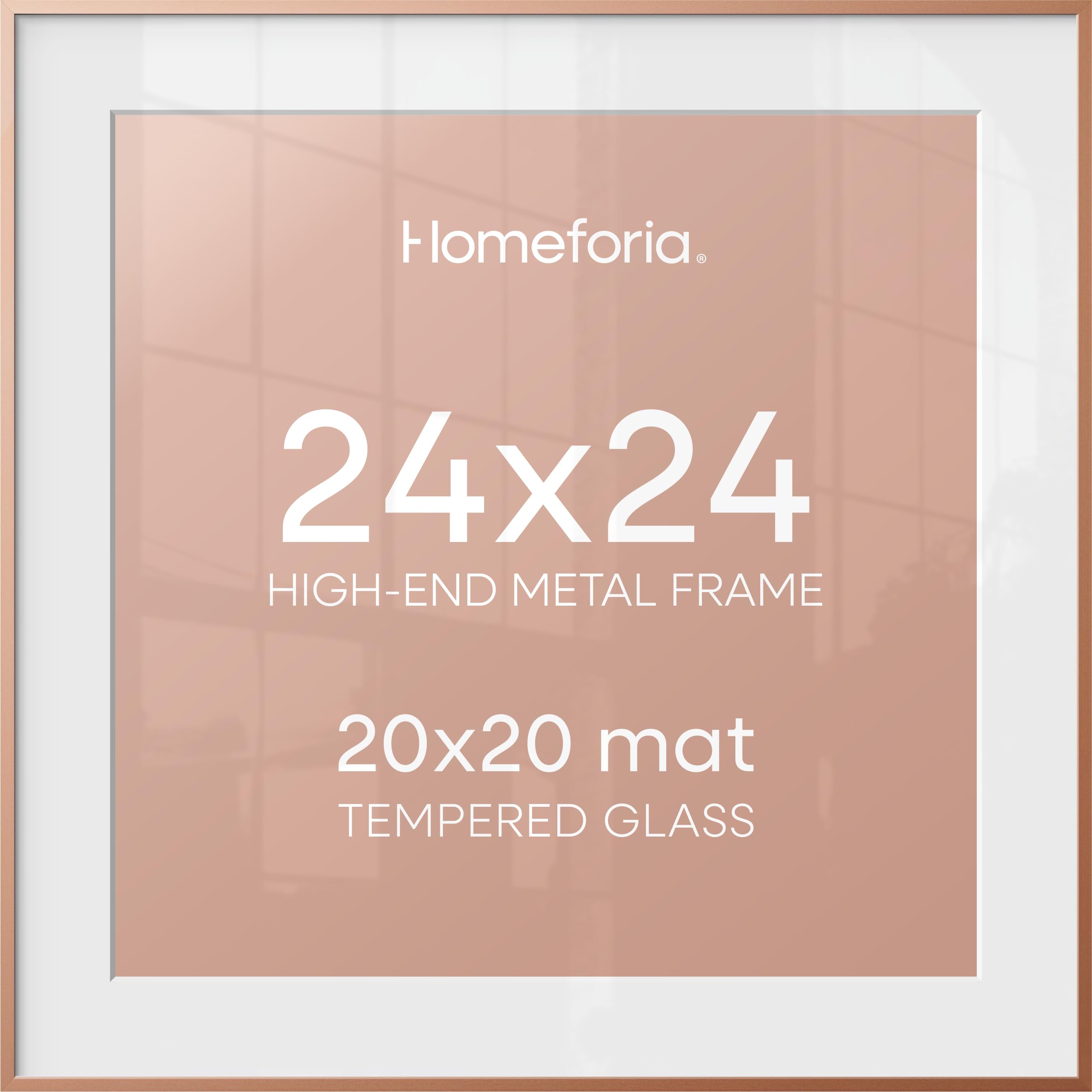 Homeforia 24x24 Picture Frame Rose Gold, High End Metal 24 x 24 Large Square Poster Frame with Mat 20 by 20 inch Photo, 24by24 Thin Frames Matted to 20x20 for Print, Tempered Glass, Wall Kit, Set of 1