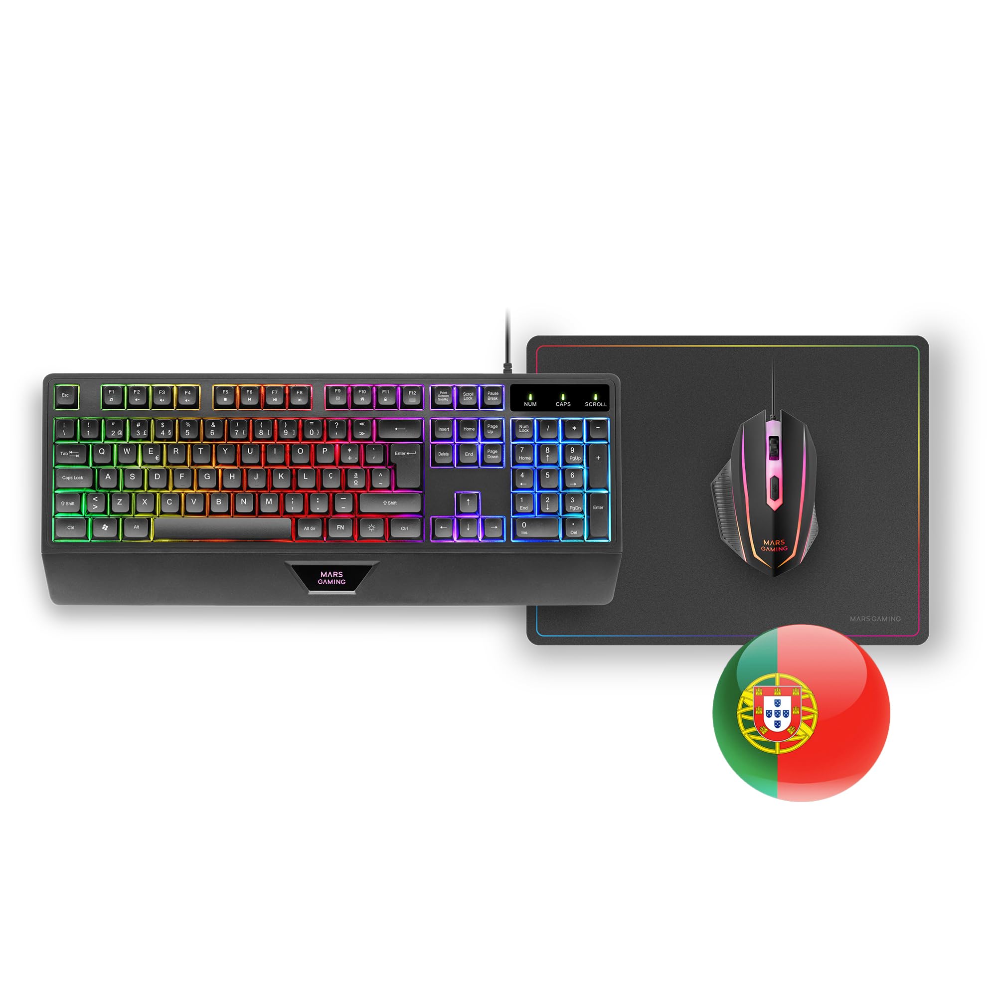 Mars Gaming MCP124, Layout Portugués, Combo Gaming 3en1, Teclado Ergonómico H-Mech LED RGB, Ratón RGB 3200DPI Switches HUANO, Alfombrilla Nanotextil 360x260mm, Compatibilidad Multiplataforma, Negro