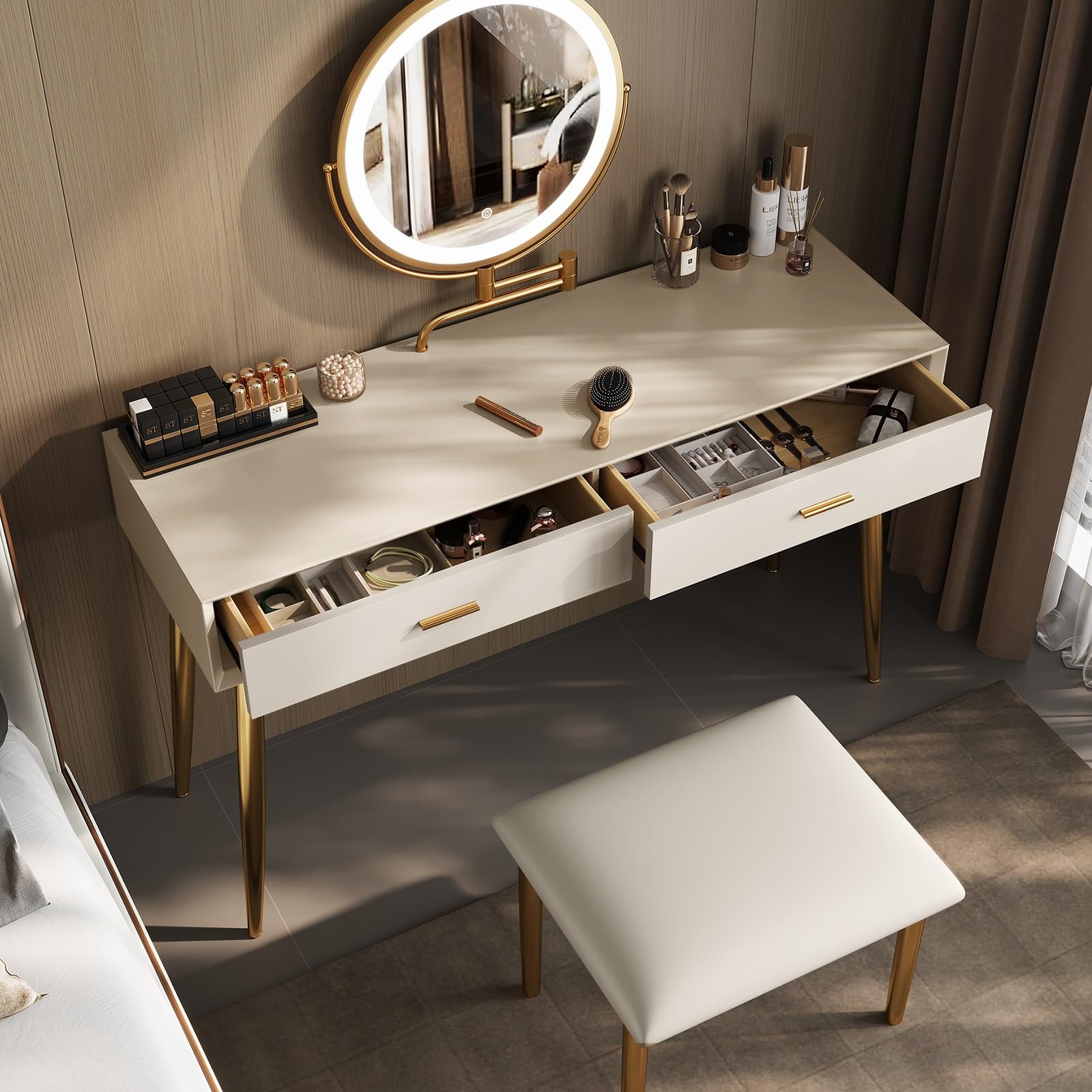 Bei Makeup Vani Set mit Spiegel & Lichtern, 80 cm, kleiner Vani-Tisch, 2 Design-Tischhocker, 3 Beleuchtungen, M-t für Schlafzimmer-Dekor