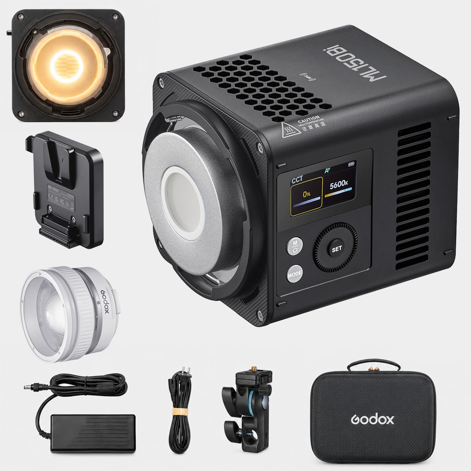 Godox ML150Bi Luce LED Video Bicolore 2800–6500K, 61.054 Lux Luce Compatta e Modulare con Lente Zoom, Controllo App e Wireless, CRI 96 TLCI 96, Alimentazione V-Mount e DC per Fotografia e Video