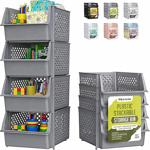 TidyFriend Plastic Stackable Storage Bins for Pantry, 4 Pack Stackable
