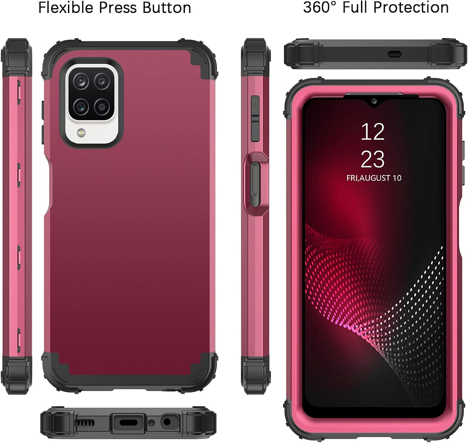 BENTOBEN Galaxy A12 Case, Heavy Duty Full Body Rugged Shockproof Hybrid Three Layer Hard Plastic Soft Rubber Bumper Protective Phone Cases Cover for Samsung Galaxy A12 5G 6.5-inch, Wine Red/Burgundy