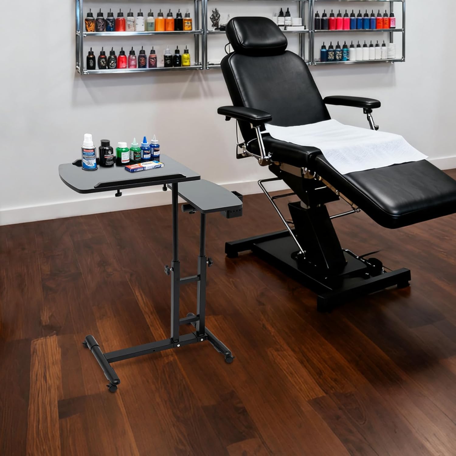 Salon Tray on Wheels,Tattoo Table,Portable Mobile Tattoo Workstation-Dual Countertops | Universal Wheels | Height Adjustable -Salon Trolley with Arm Rest Stand for Studio Tattoo Artist