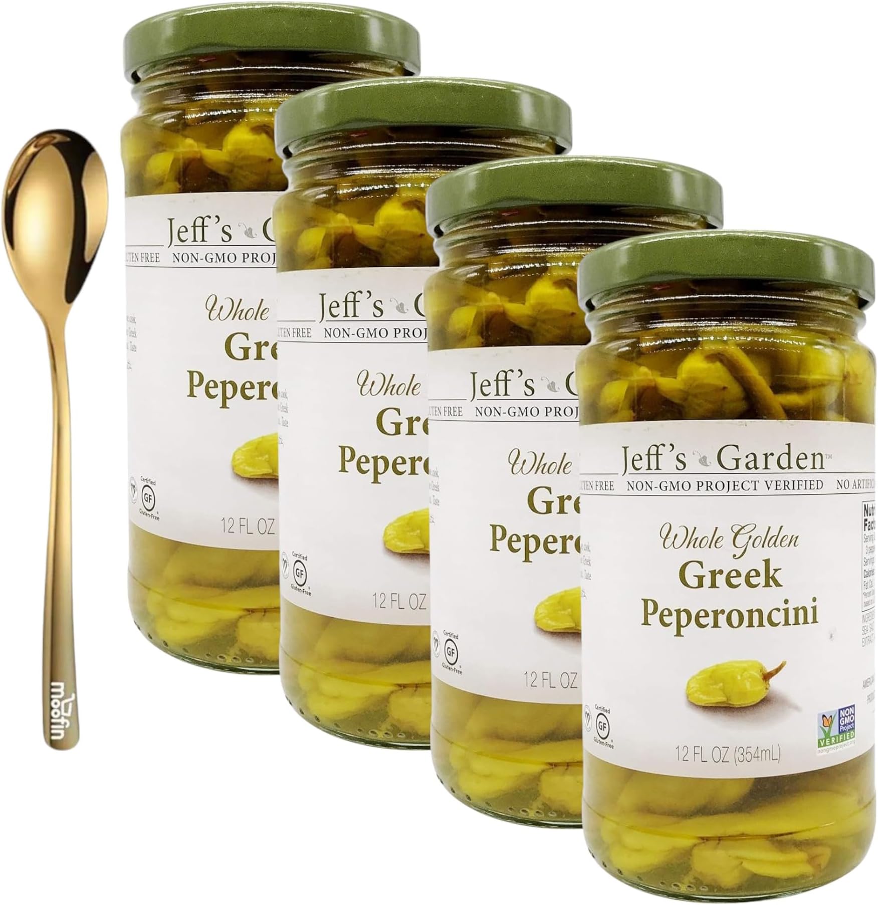 moofin Jeff'S Naturals Jeffs Garden Greek Pepperoncini Peppers, 12 Oz, Pepperoncini In A Jar With Golden SS Spoon, Authentic Mediterranean Flavor, Ideal For Adding Zest To Meals [Pack of 4]