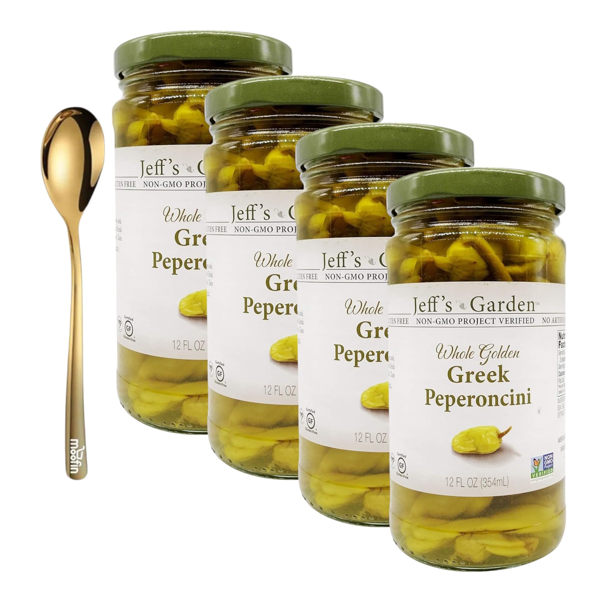 moofin Jeff'S Naturals Jeffs Garden Greek Pepperoncini Peppers, 12 Oz, Pepperoncini In A Jar With Golden SS Spoon, Authentic Mediterranean Flavor, Ideal For Adding Zest To Meals [Pack of 4]