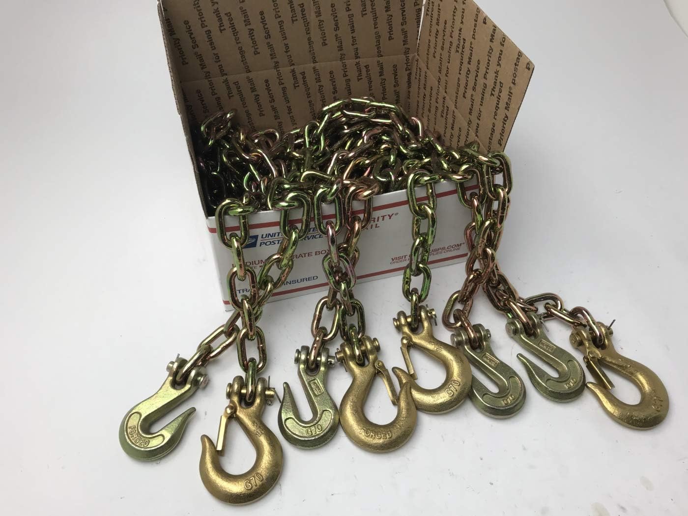 Transport Binder Chain Assembly with Hooks, 5/16 inch Grade 70 Load Tie-Down, Trailer, Flatbed Secur (4-Pack, 10ft w/Grab and Safety Hooks)