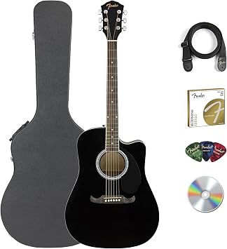 Fender FA-125CE Dreadnought Cutaway Acoustic Electric Guitar - Black Bundle with Hard Case, Strap, Strings, Picks, Fender Play Online Lessons, Austin Bazaar Instruction DVD