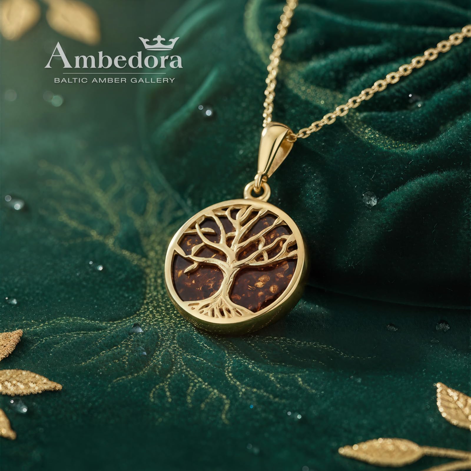 Damen Kleine Halskette Baum des Lebens mod. 08 mit Bernstein, Vergoldetes Sterling Silber, Bernstein in Kognakfarbe, Vergoldetes Anhänger mit Kette