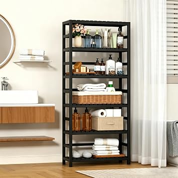 VASMIA 6-Tier Bamboo Shelf,Bamboo Storage Shelving Unit,Tall Bookcase with Adjustable Shelves,Multipurpose Storage Display Shelf for Bathroom, Living Room, Balcony, Kitchen,Black