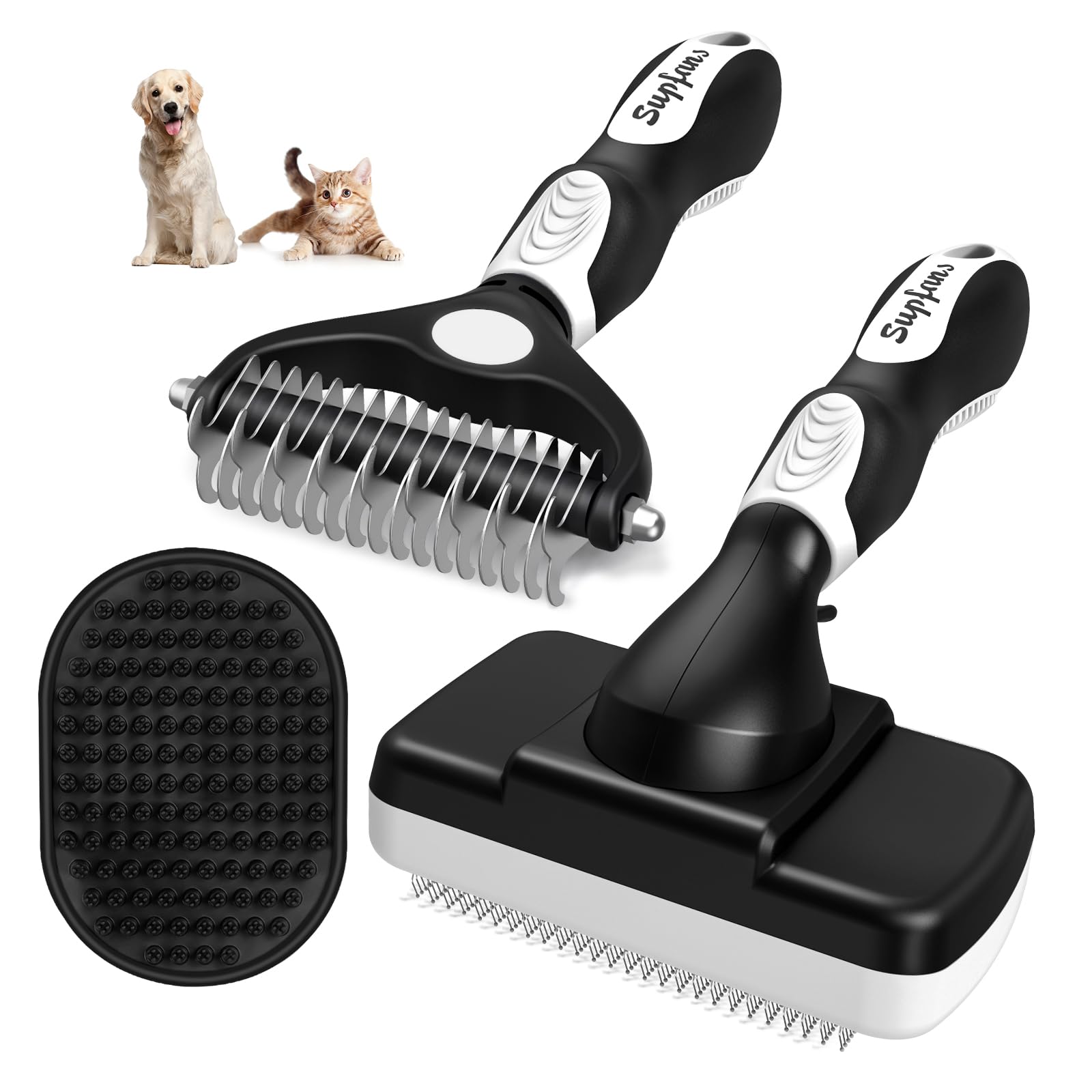 3PCS Dog Grooming Kit - Deshedding Brush, Slicker Brush, Bath Brush and Comb for Pet Supplies(Black White)