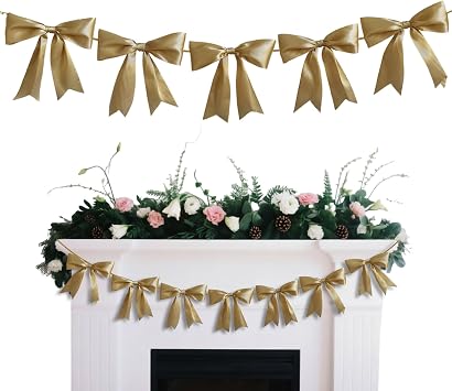 Large Ribbon Bow Garland Banner Gold Bow Party Banner Decor Pre - Assembled for Birthday Wedding Baby Shower Decorations, Elegant Satin Ribbon Backdrop, Home & Event Decoration LightGold