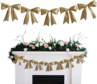 Large Ribbon Bow Garland Banner Gold Bow Party Banner Decor Pre - Assembled for Birthday Wedding Baby Shower Decorations, Elegant Satin Ribbon Backdrop, Home & Event Decoration LightGold