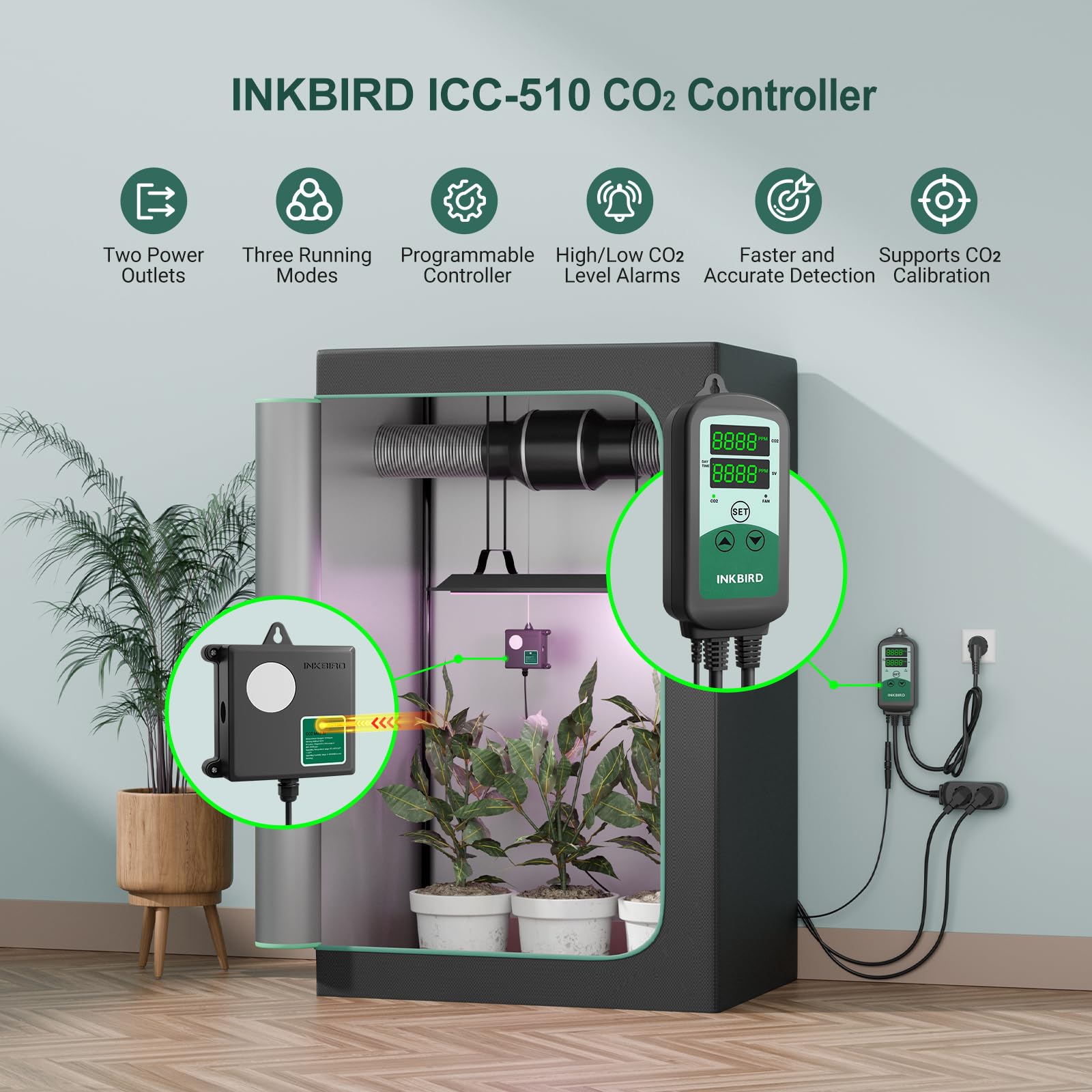 Inkbird ICC-510 Controlador de dióxido de carbono, medidor de CO2, regula el contenido de CO2 para cultivo de invernadero y ganadería