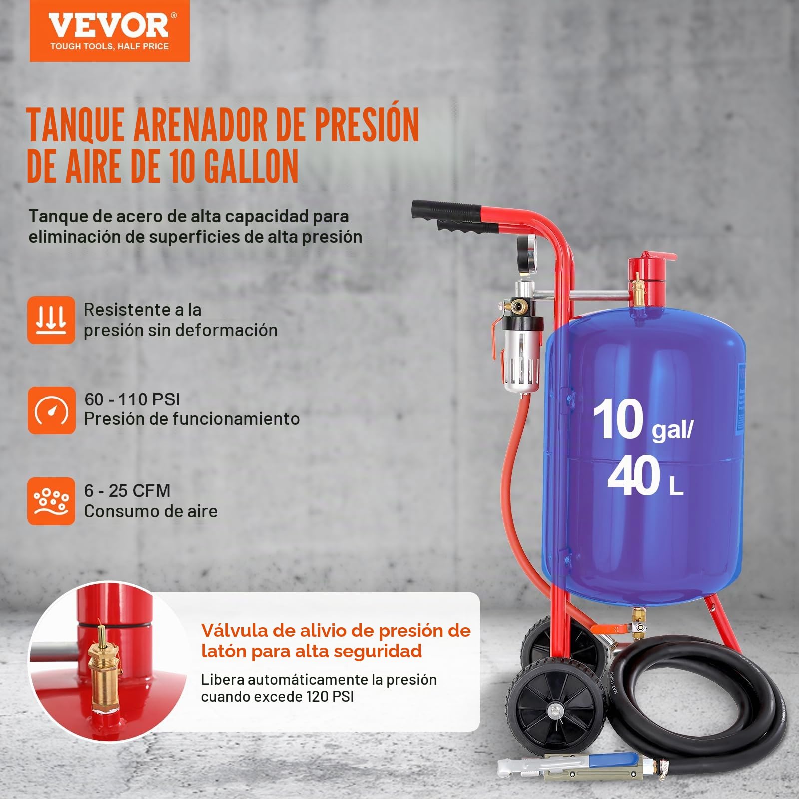 VEVOR Máquina Chorro de Arena 40L, Arenadora Chorro de Aena Profesional 60-125 PSI, con Accesorios 3 m