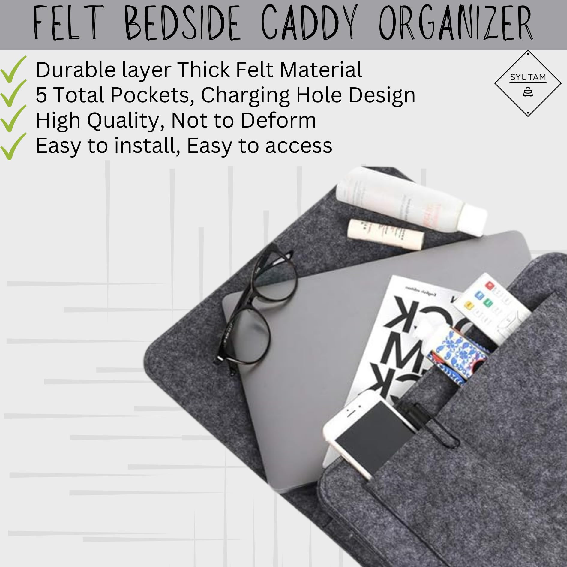 SYUTAM Felt Bedside Caddy, Storage Caddy, Hanging Bedside, Felt Bed Organizer, Pocket Organiser, Caddy For Dorm, Hospital Bed (Dark Grey) 4