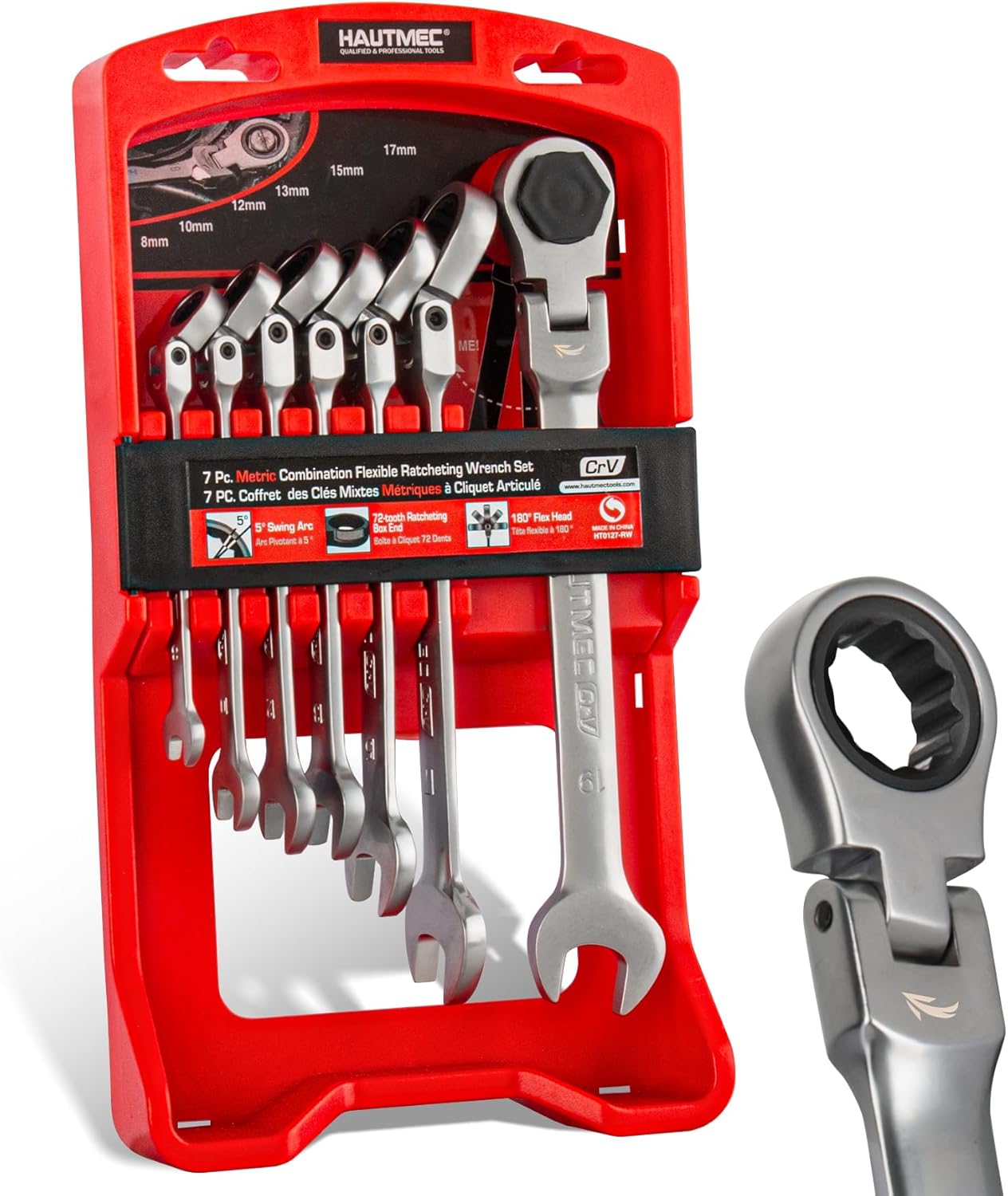 HAUTMEC 7-Piece Flex Head Ratchet Set, Ratcheting Combination Wrench Set with 72-Tooth 5° Swing Arc, 180° Pivoting Head, Metric 8-19mm, CRV Steel Mechanics Tools for Mechanics, Auto Repair