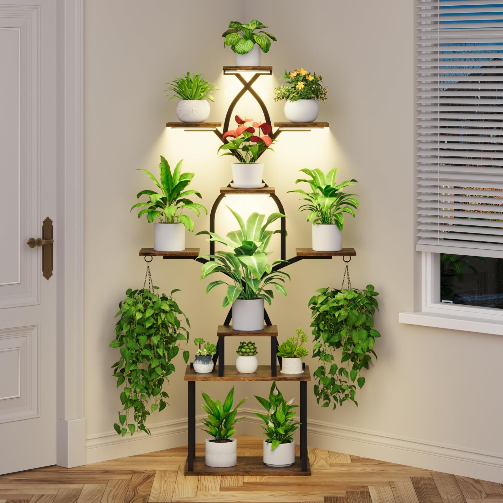 BACEKOLL Étagère à fleurs avec lumière de croissance - Support de fleurs à 9 niveaux - 162 cm - En métal et bois - Pour l'intérieur et l'extérieur - Noir - Pour l'intérieur, le jardin, le balcon