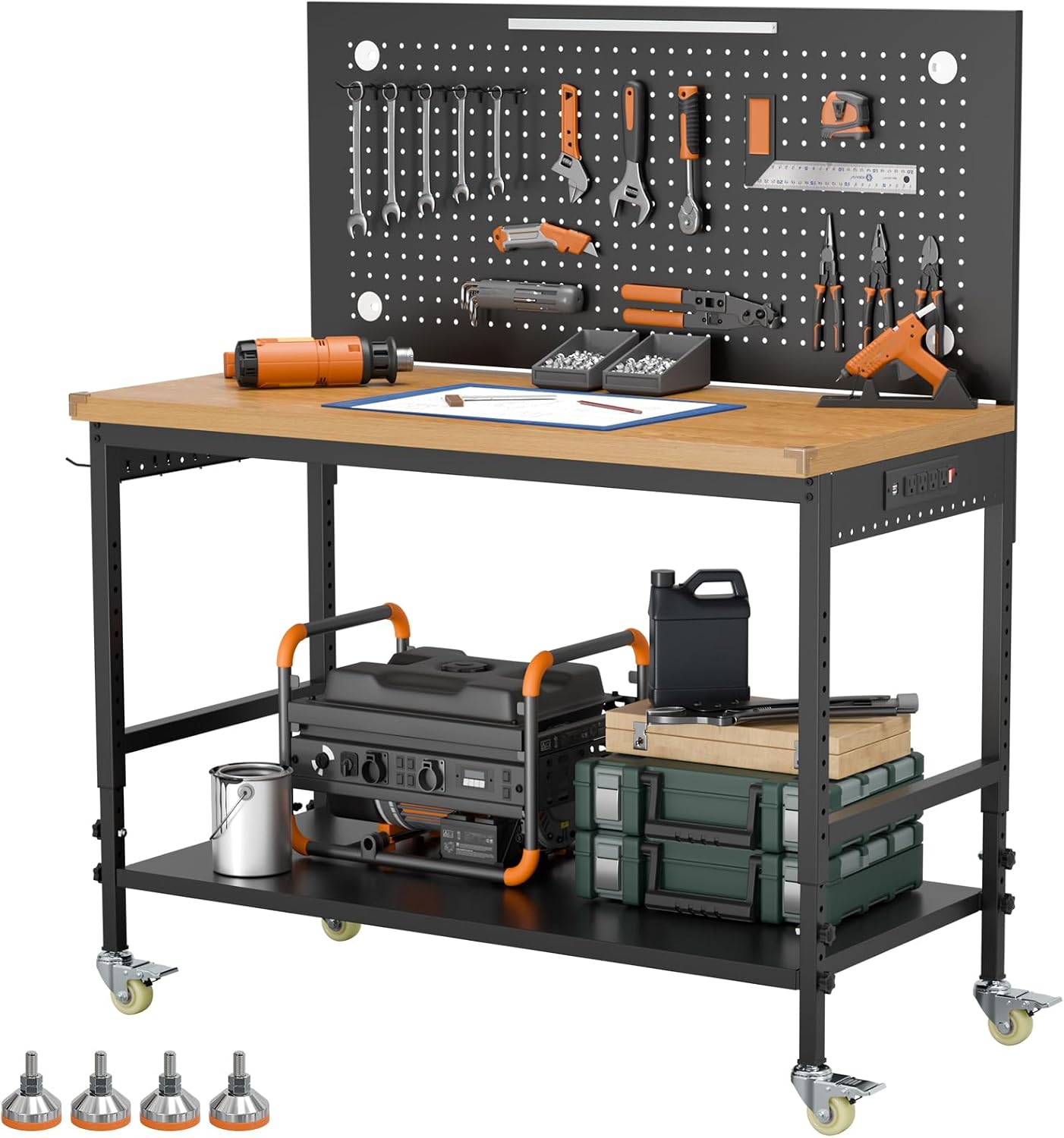 Workbench with Pegboard, Easy to Assemble,Features Casters,2000LBS
