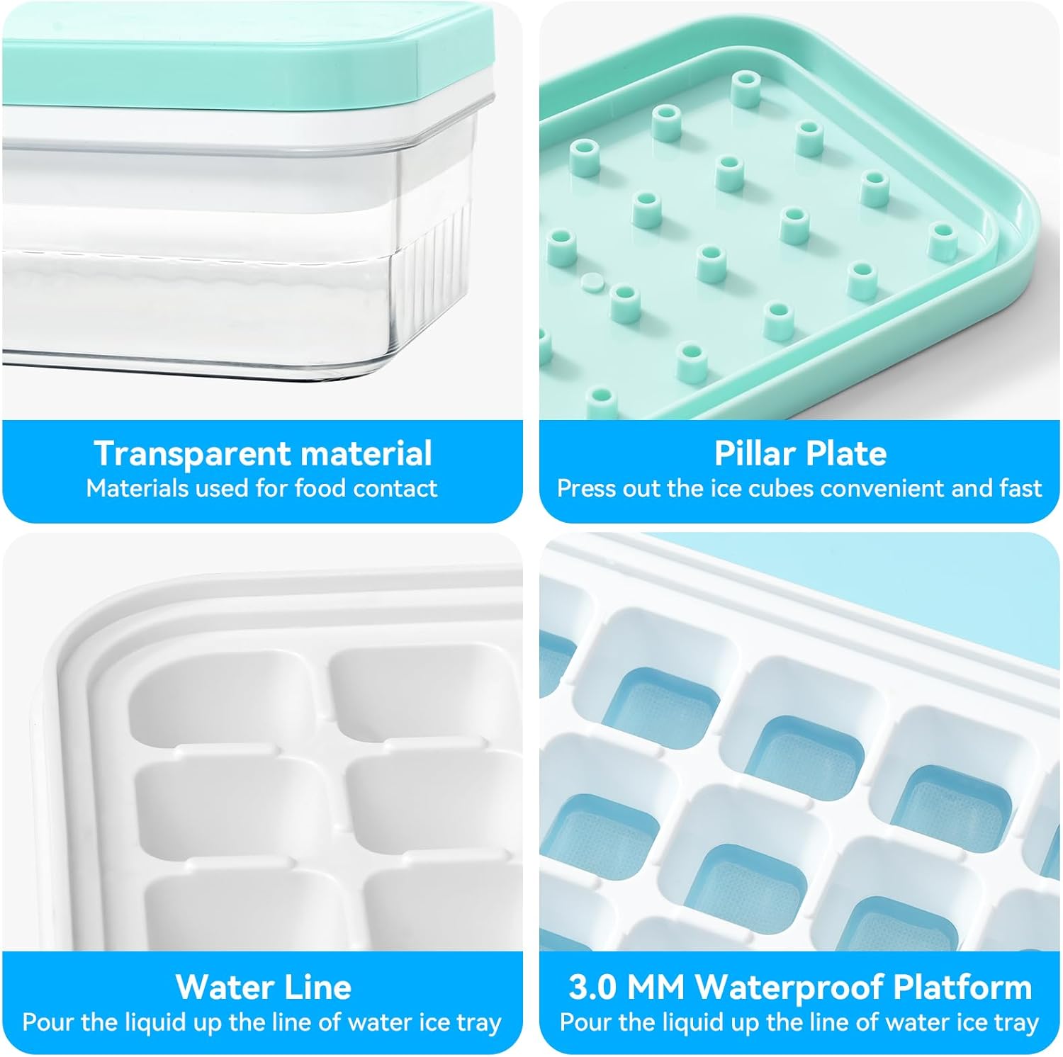 Ice Cube Tray,AMZHORSE 56 pcs Ice Trays for Freezer,Ice Cube Molds, BPA Free, Ice Trays with Lid and Bin,Lid & Ice Scoop,Easy Release, 2 Layer, Blue