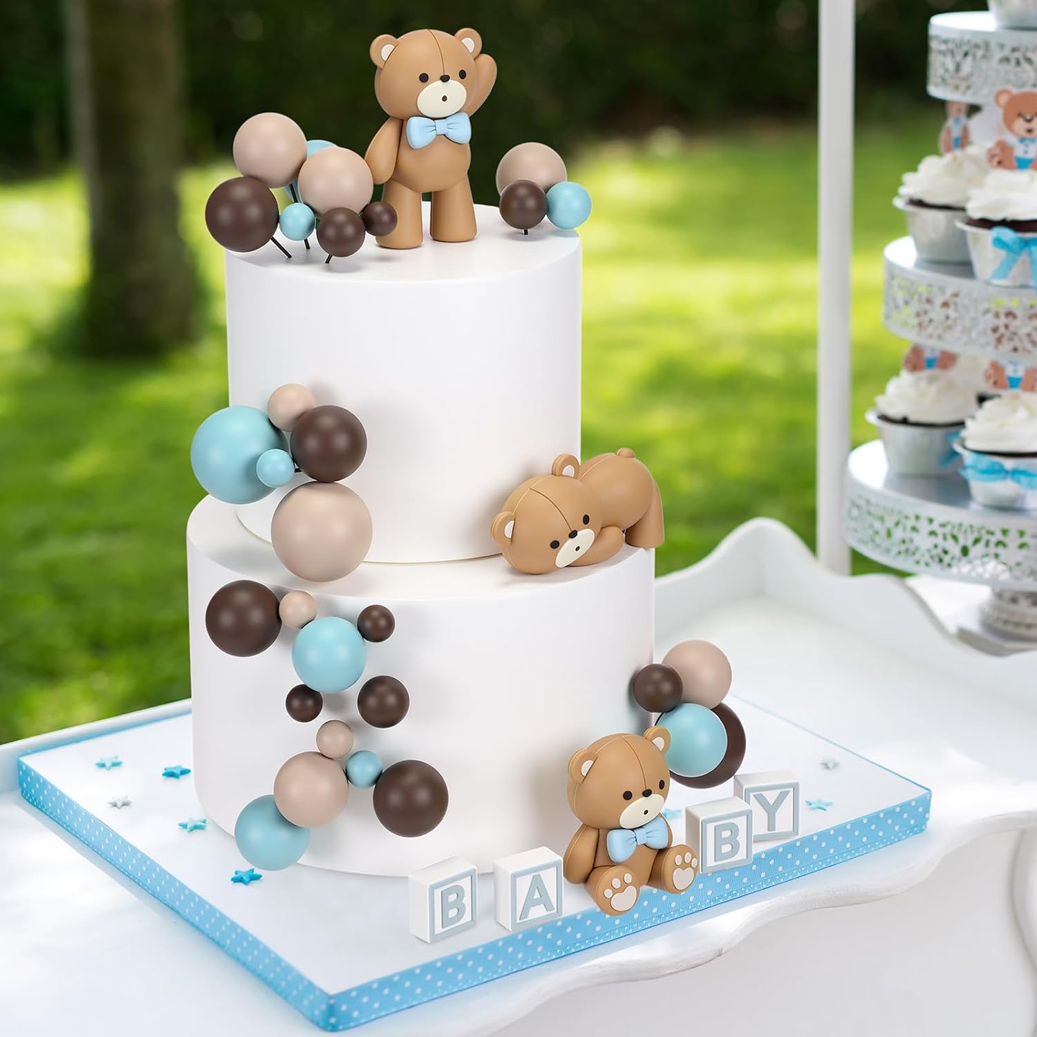 Roowest 85 Pcs 3D Bear Cake Toppers Brown Blue Foam Ball Cake Toppers Baby Letter Block Decorations for We Can Bearly Wait Party Decorations image 3